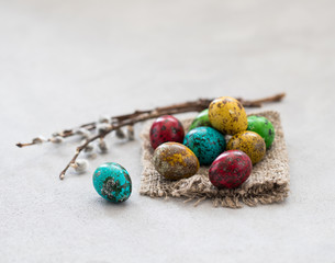 Easter quail eggs of various colors on a light background in rustic style