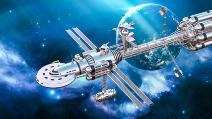 Obraz na płótnie Canvas Realistic 3D illustration. Big futuristic alien spaceship traveling in the Universe. Military spacecraft flying in deep space with stars and planets in the background. Scientific, future expedition.