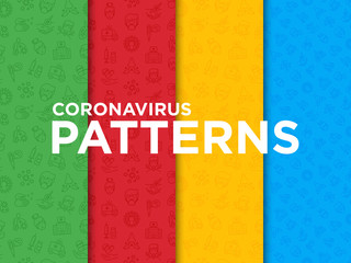 Coronavirus seamless pattern with thin line icons. Symptoms and prevention: 2019-ncov, surgical mask, person-to person, hand washing, pneumonia, bronchitis, ambulance, vaccine. Vector illustration.