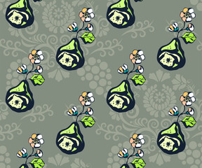 Seamless floral pattern with pear and flowers. Ornamental decorative background. Vector pattern. Print for textile, cloth, wallpaper, scrapbooking