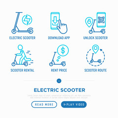 Electric scooter thin line icons set: charging, rent price, sharing service, mobile app, QR code, parking, eco transport, pointer. Modern vector illustration.