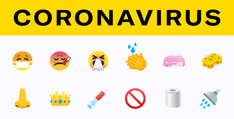 Coronavirus 2019-nCoV Protection Emojis. Corona virus symptoms and prevention tips vector illustrations, icons set