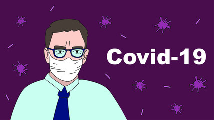 Businessman in a medical mask. Red banner. Covid -19. Coronavirus 2019-nCoV. 