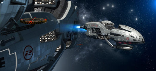 Interstellar spaceship with a military space shuttle © 3000ad