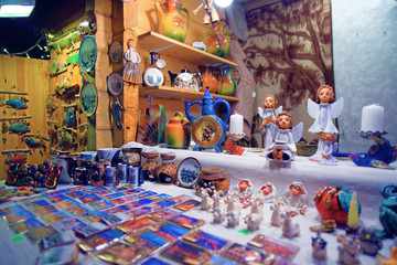 Traditional souvenirs displayed for sale at the european Christmas market
