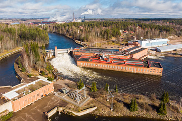 Aerial view of hydroelectric power generation plant in Anjala at Kymijoki river, Finland.