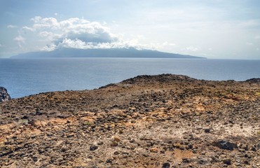 Dry desert like volcanic shore on the islet of Djeu in Cabo Verde