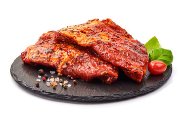Spicy marinated ribs, BBQ, meat for grill, isolated on white background