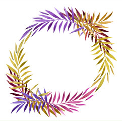 Watercolor illustration of gold and purple autumn leaves branch ornament, ideal frame for wedding card invitation decoration