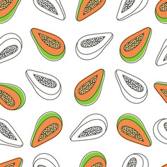 Seamless papaya slices pattern design for textile, print, surface design. Tropical fruits pattern with cut papayas