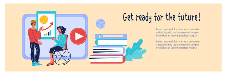 Banner for Disability Day with disabled woman in wheelchair getting online education. Accessibility and occupation for handicapped persons with reduced mobility. Vector cartoon illustration.