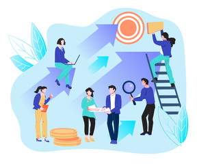Fototapeta na wymiar Business development and career growth concept with business people working on corporate success achievement. Company financial progress and leadership on market. Flat vector illustration.