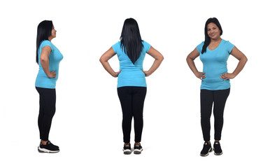 Fototapeta premium same woman view of front,back and profile on white background, hands on hip