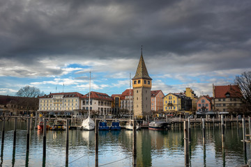 Fototapeta na wymiar Port in old town Lindau by the Bodensee in Germany