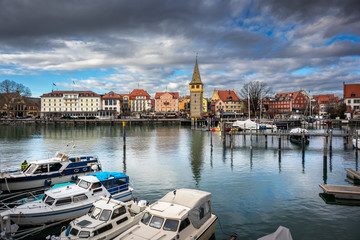 Fototapeta premium Port in old town Lindau by the Bodensee in Germany