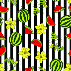 seamless pattern of watermelon fruit, pieces of watermelon, flowers. eps10 vector stock illustration. 