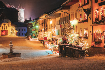 Gruyeres town village in Switzerland in winter at night