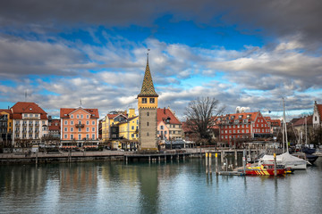 Fototapeta premium Port in old town Lindau by the Bodensee in Germany