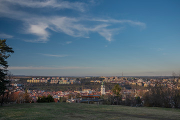 Color blue sky evening after nice sunset in Trebic town in winter