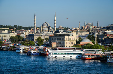 Fototapeta na wymiar New mosque (Mosque of the Valide Sultan). Istanbul. Turkey. It is situated on the Golden Horn at the southern end of the Galata Bridge near fish market. It is one of the best-known sights of Istanbul.