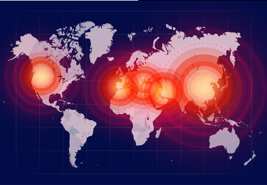 Coronavirus foci on world map, COVID-19 2019-nCoV virus spreading around planet, banner for breaking news about corona virus, background for medical news and graphical image of statistics