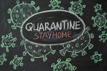 Fototapeta na wymiar Quarantine. Outbreak Warning. written white chalk on blackboard in connection with epidemic of coronavirus worldwide.