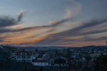 Color blue sky evening after nice sunset in Trebic town in winter