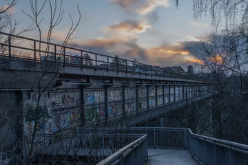 Color blue sky evening after nice sunset in Trebic town in winter with bridge