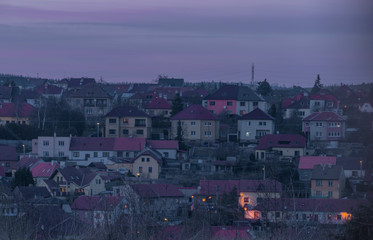 Fototapeta na wymiar Color blue sky evening after nice sunset in Trebic town in winter