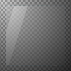 Glass plate on transparent background. Acrylic or plexiglass plates with gleams and light reflections in rectangle shape. Vector illustration.