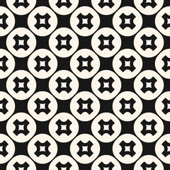 Funky style geometric seamless pattern with crosses. Simple abstract monochrome texture with rounded cross shapes, circles, circular lattice, grid. Modern black and white background. Repeat design