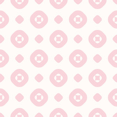 Vector geometric seamless pattern in trendy pastel colors, pink and white. Abstract texture with circles, squares and dots. Simple modern background. Funky design for decor, textile, baby apparel