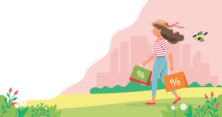 Obraz na płótnie Canvas Woman with shopping bags, spring sale concept. Landing page template. Cute vector illustration in flat style.