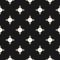 Vector monochrome seamless texture, abstract geometric pattern with simple figures, crosses, circles, smooth perforated squares. Stylish dark background, repeat tiles. Design for prints, decor, cover