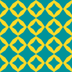 Vector colorful geometric seamless pattern. Simple abstract checkered texture with diamond shapes, rhombuses, stars. Bright colors, turquoise green and yellow. Minimal funky background. Repeat design