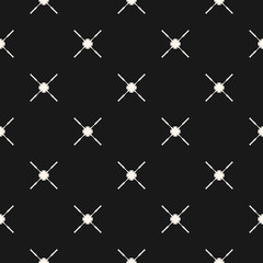 Abstract geometric seamless pattern with simple figures, carved crosses. Black and white ornamental texture. Elegant minimalist background, repeat tiles. Stylish dark design element. - Stock vector