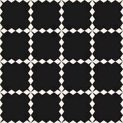 Vector grid seamless pattern. Abstract geometric texture with square lattice, jagged shapes, cross lines. Simple monochrome background, repeat tiles. Dark modern design for decoration, textile, covers