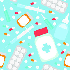 seamless pattern of medications. Blue medical background