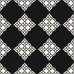 Vector abstract ornamental seamless pattern. Black and white geometric texture with diamonds, rhombuses, flower silhouettes, delicate grid. Elegant monochrome ornament in Islamic style. Repeat design