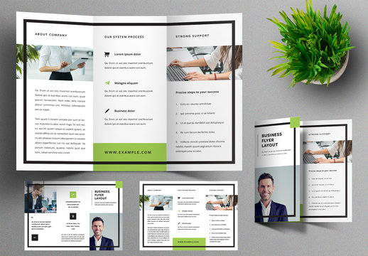 Trifold Brochure Layout with Black Frame and Green Accent