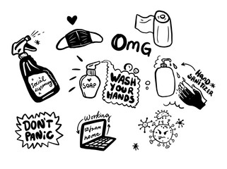 Concept of coronavirus quarantine vector illustration. vector black and white graphic doodle stickers with medical masc, toilet paper, laptop,liquid soap and sanitizer.