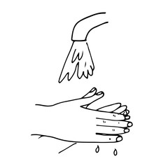 Hand washing under running tap water. Vector hand-drawn doodle outline.