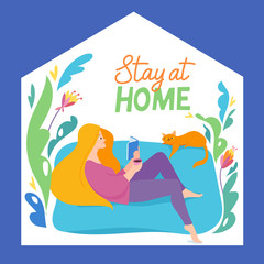 Stay home vector quarantine illustration with a woman alone at home