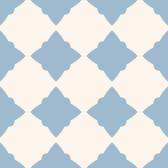 Diamond pattern. Vector abstract floral seamless texture. Blue and white geometric ornament with rhombuses, flower silhouettes, stars, grid, net, repeat tiles. Graphic design for decor, ceramic, cloth