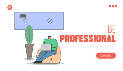 Creative Office Concept. Website Landing Page. Character Is Working On Laptop In Armchair. Development Of Solutions And Business Management. Web Page Cartoon Linear Outline Flat Vector illustration
