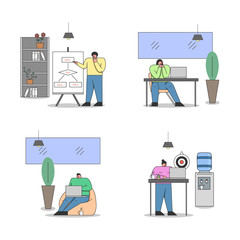 Creative Office Concept. Business People Work In The Office Making Presentation On Whiteboard, Doing Office Job Working On Laptops, Settig Goals. Cartoon Linear Outline Flat Vector Illustrations Set