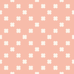 Vector minimalist geometric floral seamless pattern. Abstract texture with small cross shapes, polka dots. Subtle background in light pink and white colors. Delicate repeat design for decor, prints