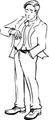 Businessman is standing and take a look on his watch outline drawing vector illustration