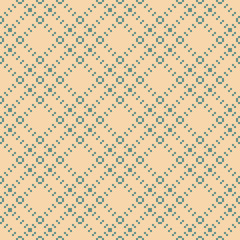 Square grid seamless pattern. Vector abstract geometric texture with small squares, cross lines, net, lattice, grill. Retro vintage style background. Tan and green colors. Decorative repeat design