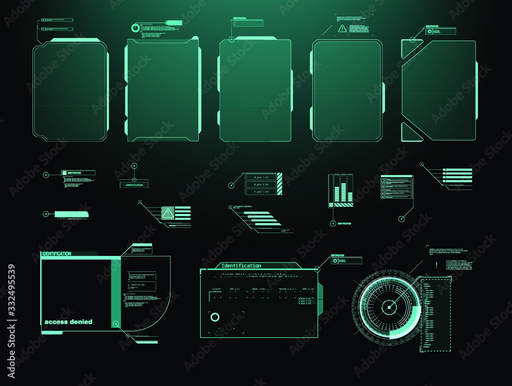 Poster Futuristic Vector HUD Interface Screen Design. Digital callouts titles. HUD UI GUI futuristic user interface screen elements set. High tech screen for video game. Sci-fi concept design.